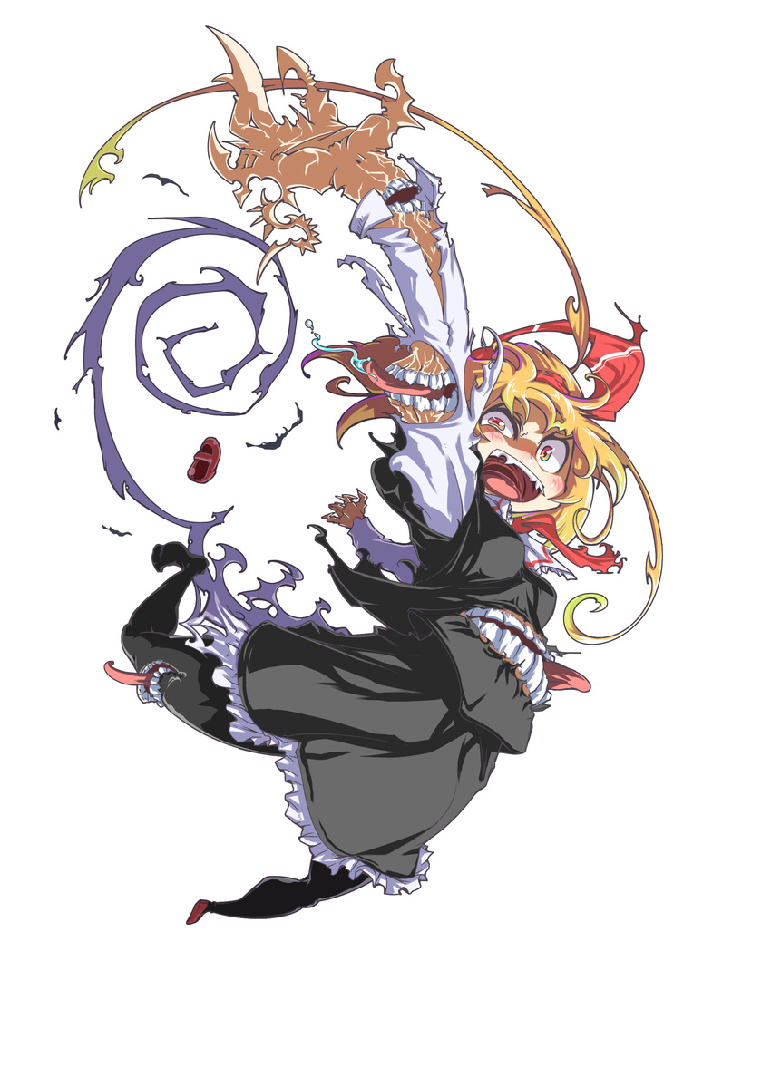 absurdres blonde_hair crazy extra_mouth hair_ribbon highres horror_(theme) kage_houshi monster_girl pantyhose red_eyes ribbon rumia sharp_teeth shoes short_hair simple_background single_shoe solo teeth touhou