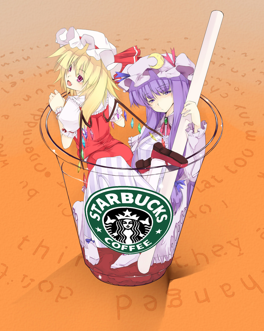 blonde_hair cup fang flandre_scarlet hat highres in_container in_cup kurokuro long_hair minigirl multiple_girls patchouli_knowledge ponytail product_placement pun purple_eyes purple_hair red_eyes short_hair side_ponytail starbucks touhou wings