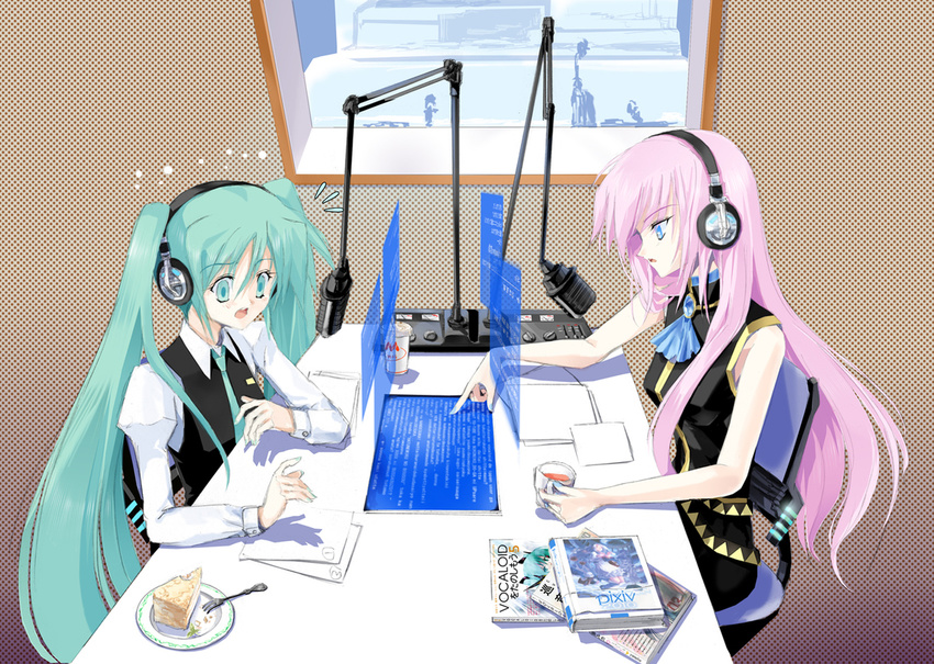 book cake cup food fork hatsune_miku headphones holographic_interface holographic_monitor jajanuba long_hair megurine_luka microphone monitor multiple_girls necktie paper pastry pixiv pointing radio_booth studio_microphone teacup twintails vocaloid