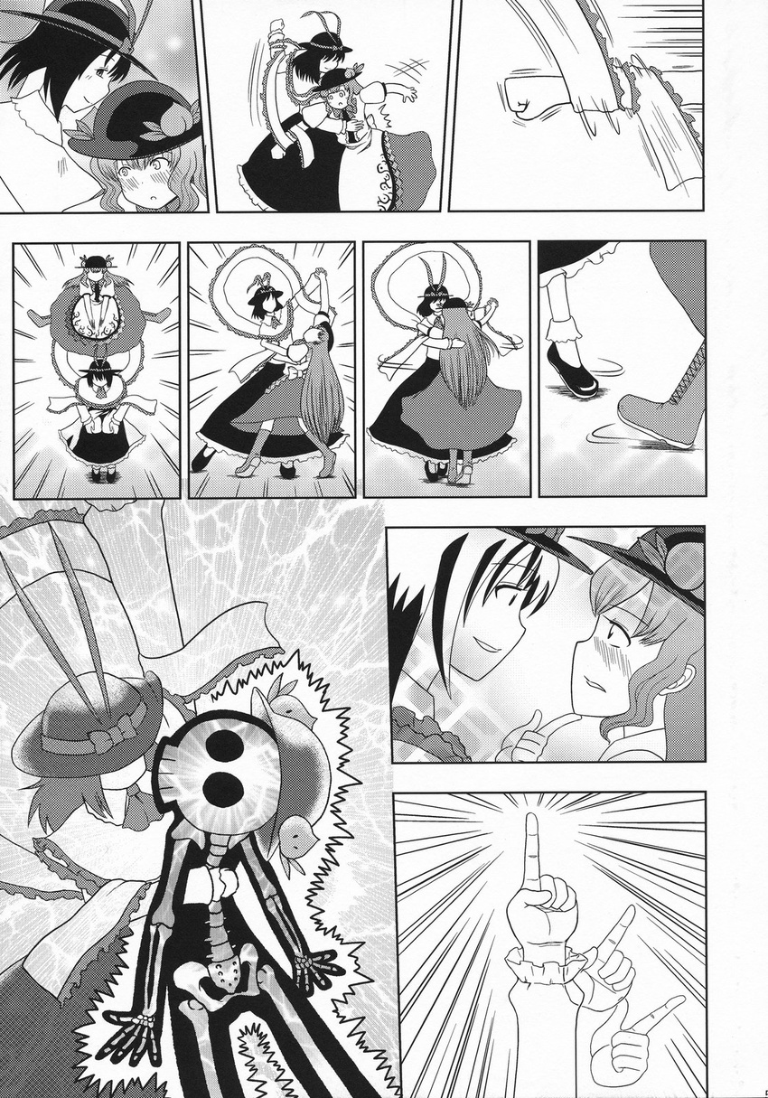 blush chin_grab comic dancing electrocution eye_contact face-to-face food frills fruit greyscale hat highres hinanawi_tenshi long_hair looking_at_another monochrome multiple_girls nagae_iku nagare_kei peach punching ribbon shawl silent_comic skeleton touhou