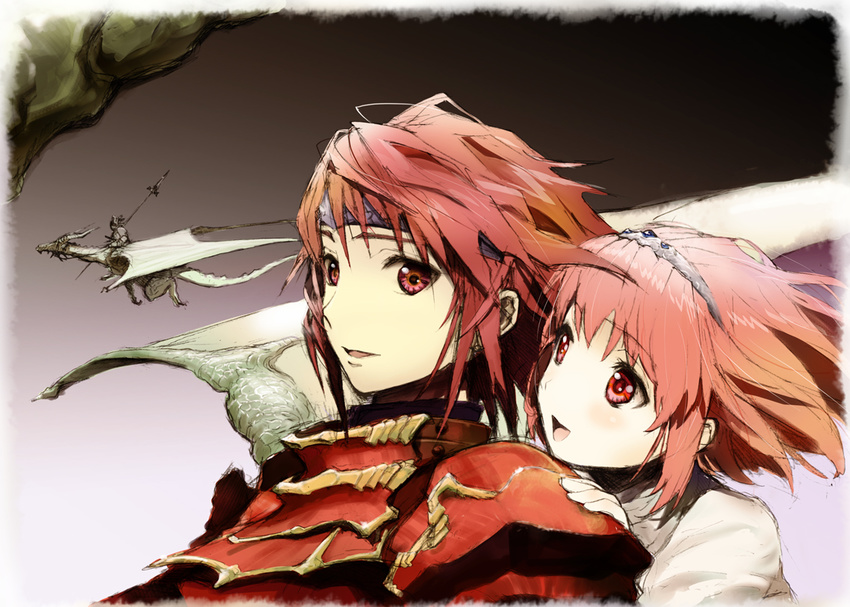 :d armor bad_id bad_pixiv_id dragon fire_emblem fire_emblem:_monshou_no_nazo headband maria_(fire_emblem) minerva_(fire_emblem) multiple_girls open_mouth polearm red_armor red_eyes red_hair riding short_hair siblings sisters smile spear tiara weapon xyh