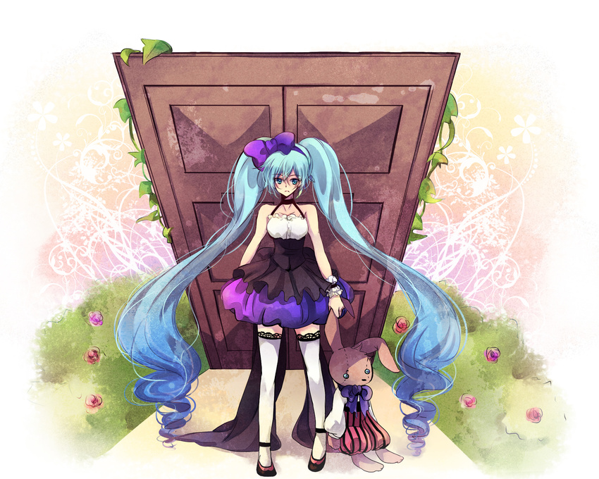 :&lt; bad_id bad_pixiv_id blue_eyes blue_hair bow door dress hair_bow hatsune_miku highres kokonoe_miya lace lace-trimmed_thighhighs long_hair solo stuffed_animal stuffed_bunny stuffed_toy thighhighs twintails very_long_hair vocaloid wristband