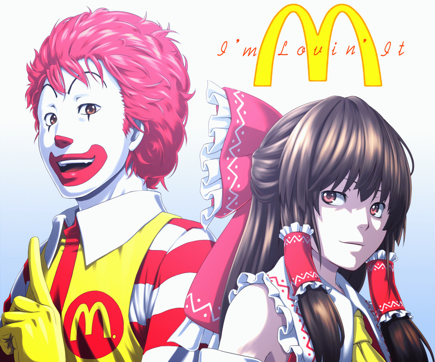 1girl bow brown_eyes brown_hair clown crossover gloves hair_bow hakurei_reimu kentairui mcdonald's pink_hair ronald_mcdonald touhou