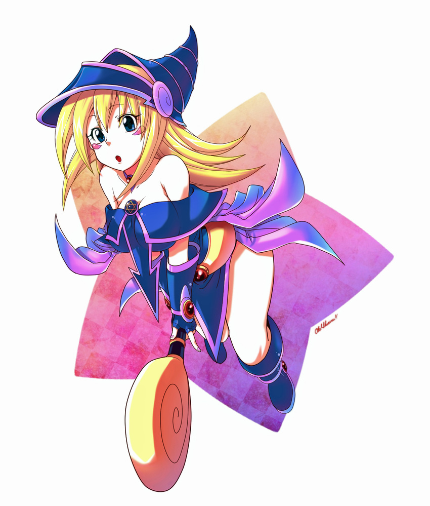 :o bare_shoulders blonde_hair blue_eyes blue_footwear blush_stickers boots dark_magician_girl duel_monster hat highres long_hair nail_polish ooike_teru pentacle pink_nails solo staff yuu-gi-ou yuu-gi-ou_duel_monsters