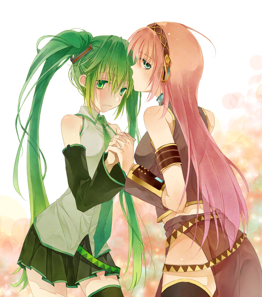 aqua_eyes bad_id bad_pixiv_id detached_sleeves forehead_kiss green_eyes green_hair hatsune_miku highres holding_hands kiss long_hair megurine_luka multiple_girls necktie pink_hair platinumcorundum skirt thighhighs twintails very_long_hair vocaloid zettai_ryouiki