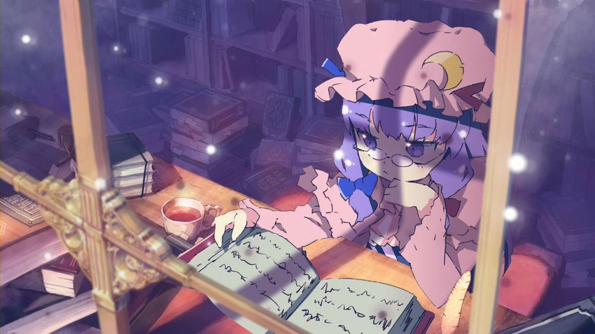 bespectacled book bookshelf crescent cup glasses hair_ribbon hat kitano_yuusuke library patchouli_knowledge purple_eyes purple_hair quill reading ribbon sitting solo tea teacup touhou voile