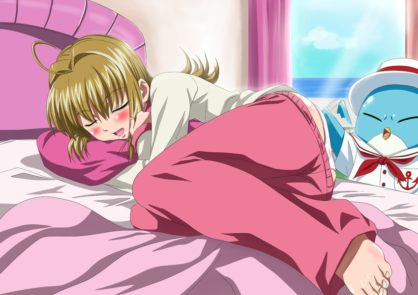 ankoku_tiger barefoot bird blonde_hair closed_eyes feet foreshortening hippo_(mermaid_melody_pichi_pichi_pitch) mermaid_melody_pichi_pichi_pitch nanami_lucia official_style pajamas panties pants_down pantyshot penguin short_hair sleeping spanking underwear