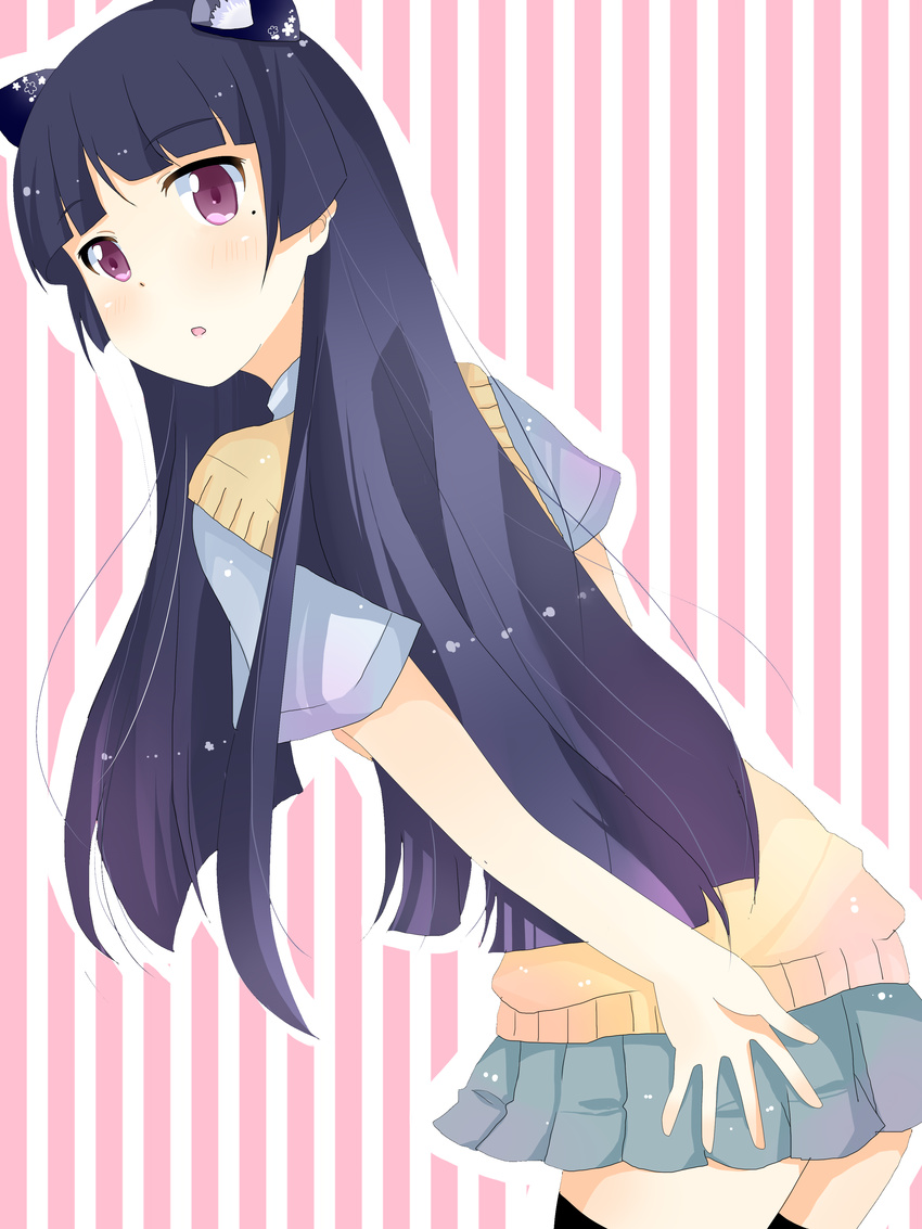 absurdres animal_ears bad_id bad_pixiv_id black_hair cat_ears gokou_ruri highres long_hair looking_back mole mole_under_eye ore_no_imouto_ga_konna_ni_kawaii_wake_ga_nai purple_eyes red_eyes school_uniform solo sweater_vest takeno_koko thighhighs