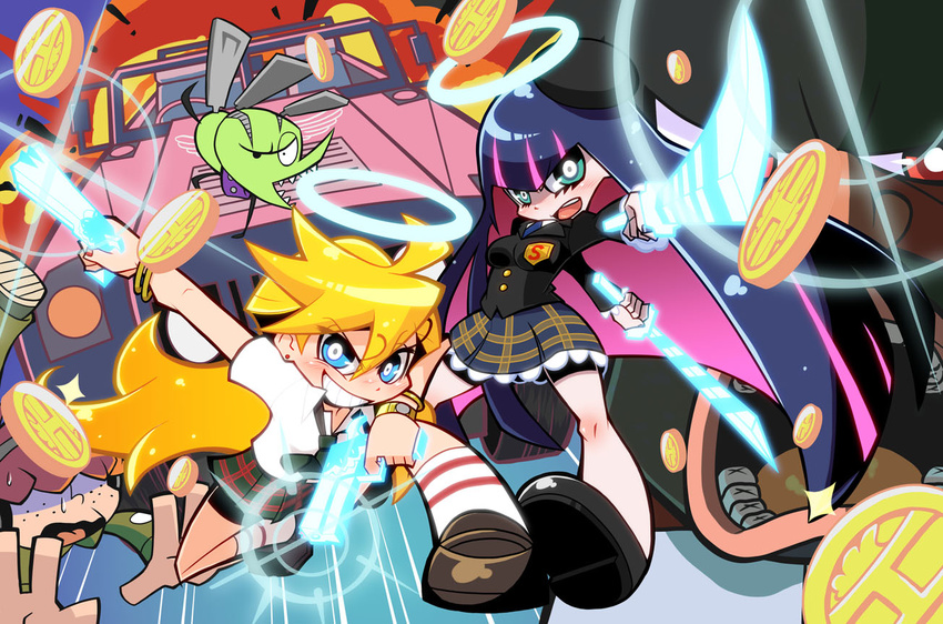 2girls brief_(psg) car chuck_(psg) coin garterbelt_(psg) ground_vehicle gun halo hummer motor_vehicle multiple_boys multiple_girls panty_&amp;_stocking_with_garterbelt panty_(psg) see-through_(psg) soxy stocking_(psg) sword weapon