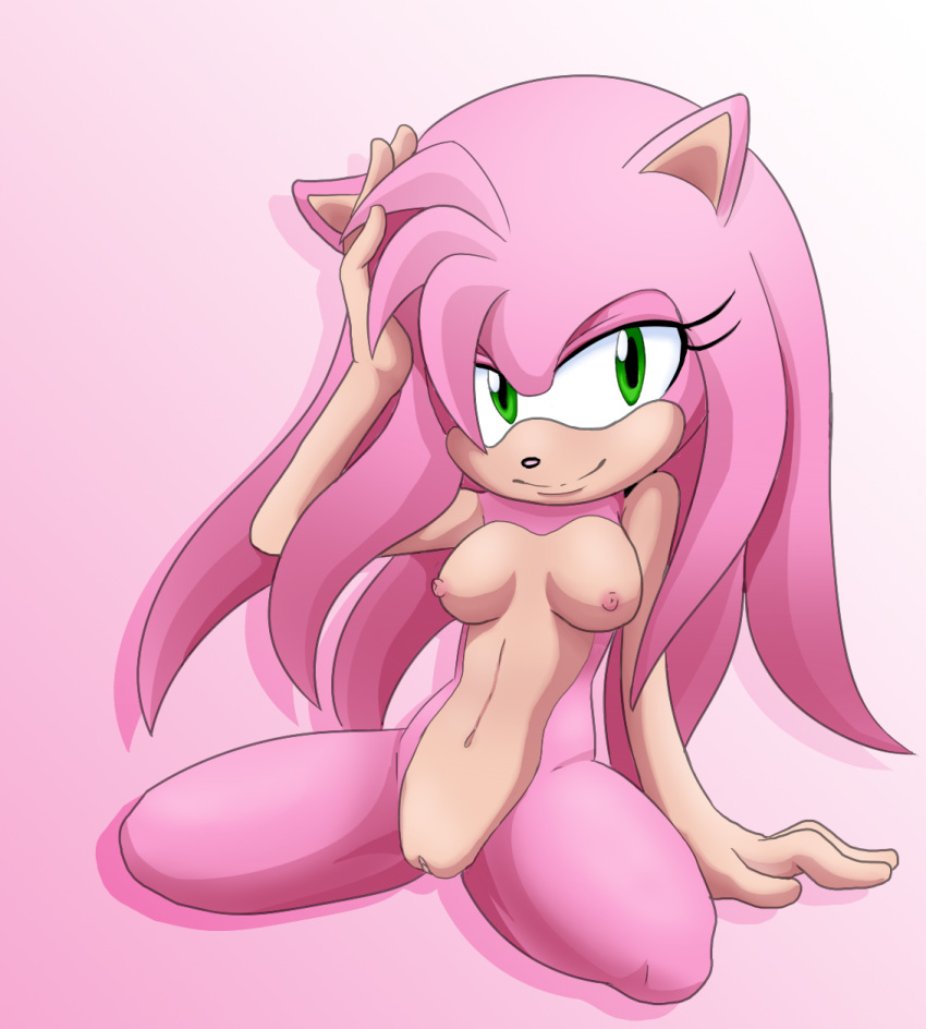 adjusting_hair aged_up amy_rose anthro breasts clitoris corescorner eulipotyphlan eyelashes female gradient_background green_eyes hair hand_on_head hedgehog kneeling long_hair mammal navel nipples nude pink_background pose pussy simple_background smile solo sonic_(series)