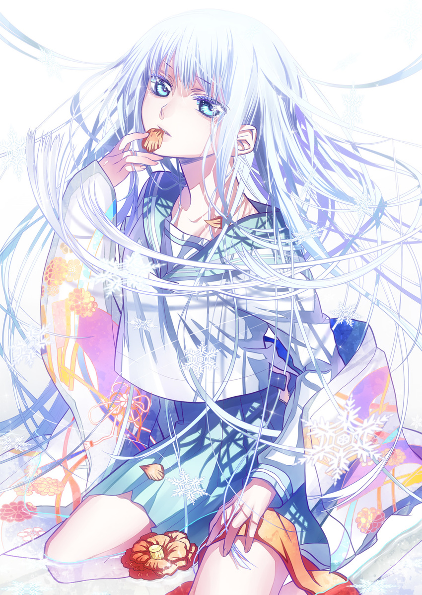 blue_eyes blue_hair flower highres kaminary kneeling long_hair original petals school_uniform serafuku skirt snowflakes solo