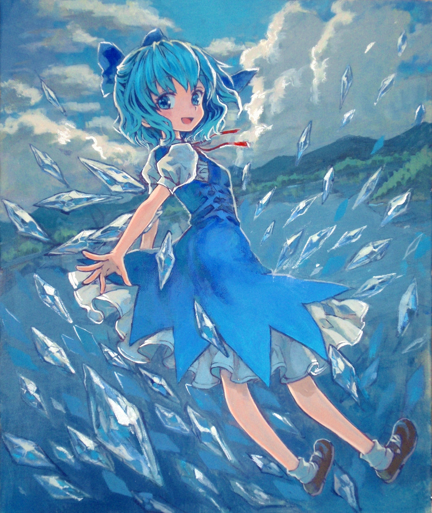 acrylic_paint_(medium) adapted_costume ama-tou blue_dress blue_eyes blue_hair bow cirno danmaku dress flying hair_bow highres ice lake looking_at_viewer looking_back open_mouth short_hair smile solo touhou traditional_media wings