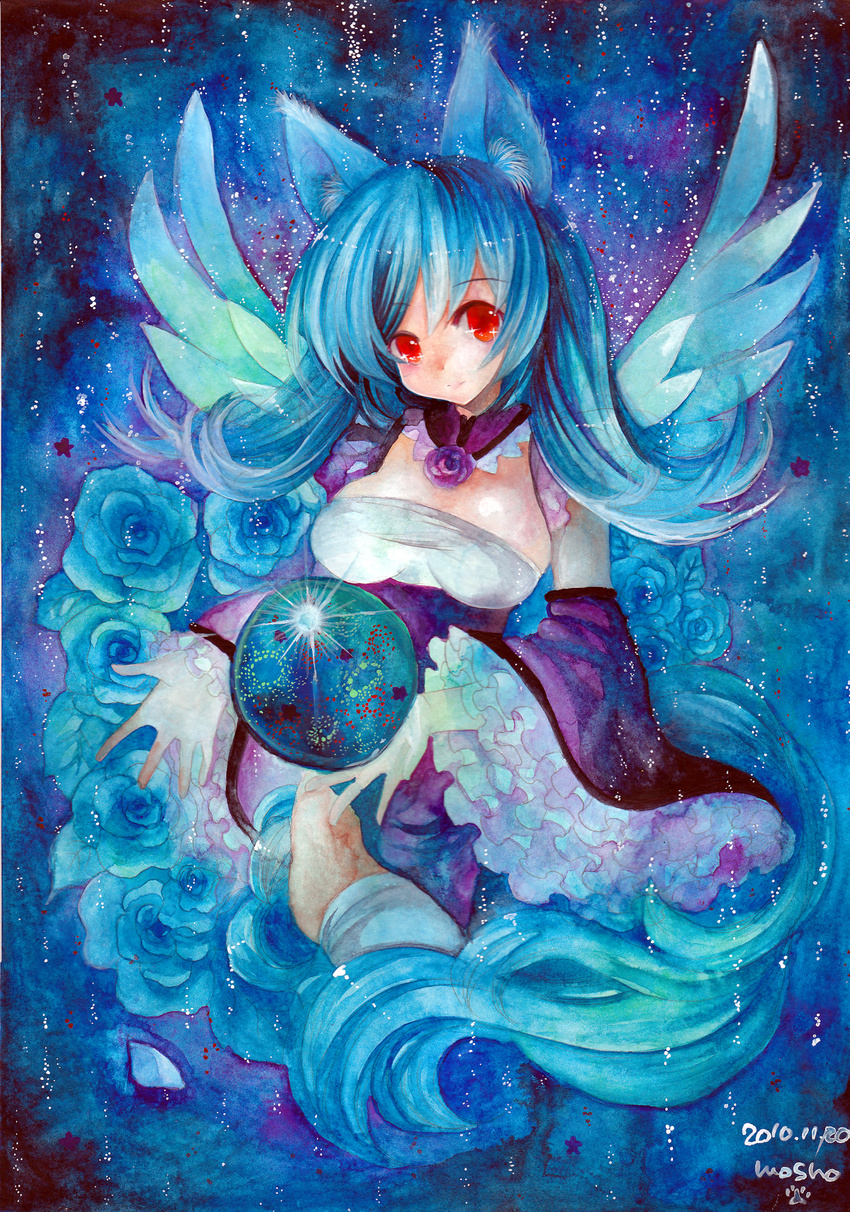 animal_ears blue_flower blue_hair blue_rose breasts dated detached_sleeves flower fox_ears highres large_breasts long_hair mosho orb original red_eyes rose signature smile solo traditional_media underwater very_long_hair wings