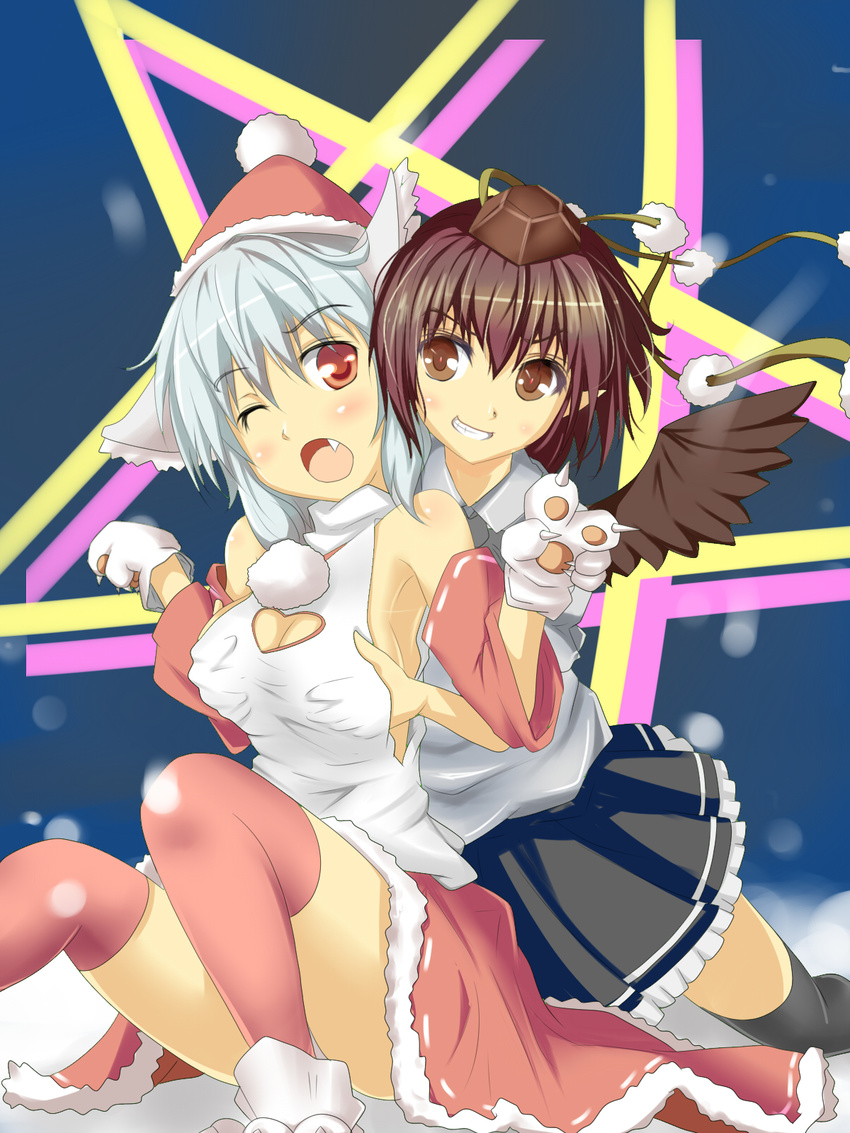 animal_ears bare_shoulders black_legwear breast_grab breasts brown_eyes brown_hair cleavage_cutout detached_sleeves fang fukunaga_kazuhiro grabbing hat heart heart_cutout highres inubashiri_momiji medium_breasts multiple_girls red_eyes red_legwear santa_hat shameimaru_aya short_hair silver_hair thighhighs tokin_hat touhou wince wings wolf_ears