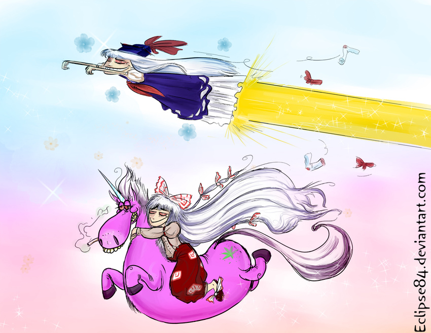 fujiwara_no_mokou kamishirasawa_keine multiple_girls smoking touhou unicorn what