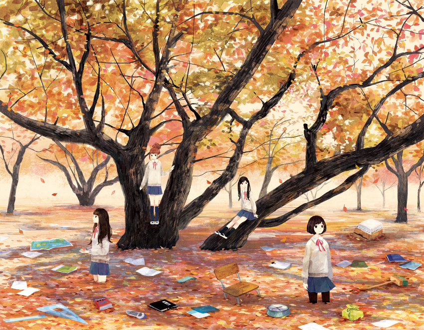 autumn autumn_leaves broom chair clock flood in_tree leaf multiple_girls nature original paper school_uniform shoes sitting sitting_in_tree skirt sweater_vest tree uwabaki wading water yuuko_(nora0x0)