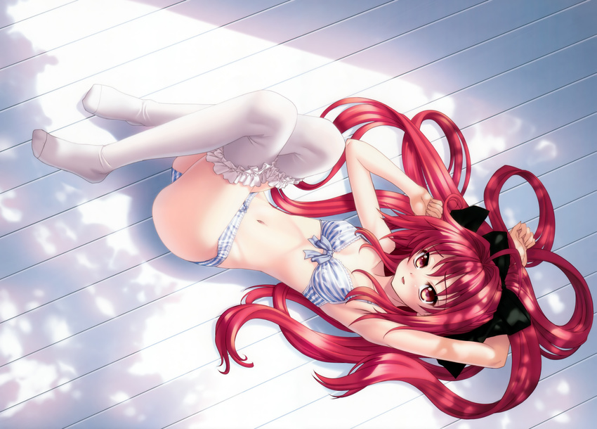 absurdres bow bra corticarte_apa_lagranges front-tie_top hair_bow highres kannatsuki_noboru lingerie long_hair lying navel on_back panties red_eyes red_hair shade shinkyoku_soukai_polyphonica shy solo striped striped_bra striped_panties thighhighs tree_shade underwear underwear_only very_long_hair white_legwear