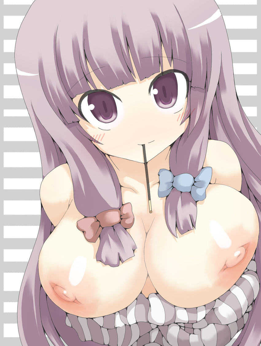 bare_shoulders blush bow breasts dress_pull face food hair_bow highres inverted_nipples large_breasts looking_up mouth_hold nipples no_nose off_shoulder patchouli_knowledge pocky satou_makura smile solo striped striped_background touhou