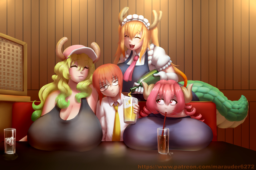 10s 4girls blonde_hair blush bottle breast_envy breast_press breast_rest breasts brown_hair cleavage closed_mouth collared_shirt dragon_girl dragon_horns dragon_tail dress dress_shirt eyes_closed flat_chest glasses green_hair highres holding holding_bottle horns huge_breasts indoors iruru kobayashi-san_chi_no_maidragon kobayashi_(maidragon) large_breasts long_hair marauder6272 multiple_girls necktie open_mouth parted_lips pink_hair quetzalcoatl_(maidragon) red_eyes shirt short_hair sitting smile tail tooru_(maidragon) white_shirt wing_collar yellow_neckwear