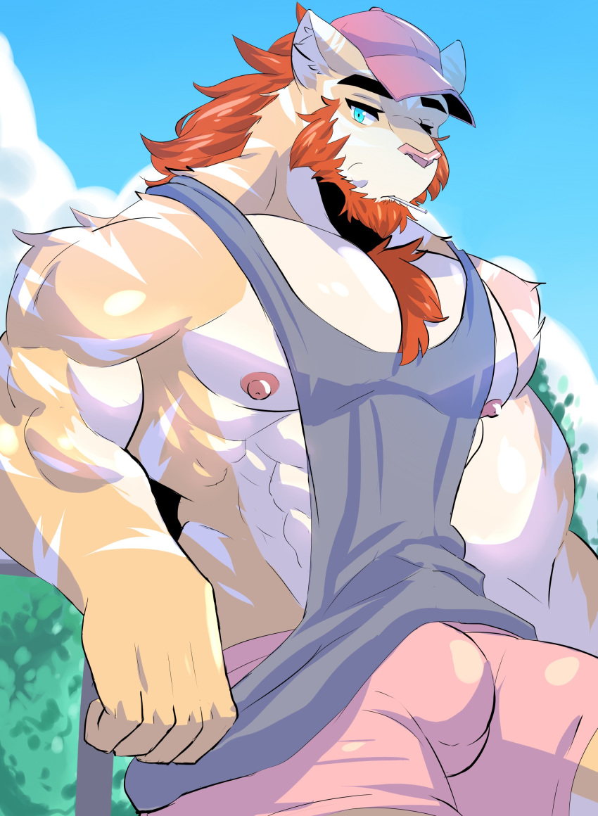 anthro beard bulge candy clothed clothing facial_hair felid food hat lollipop looking_at_viewer male mammal muscular muscular_male outside pantherine pecs shirt solo soraa tank_top tiger