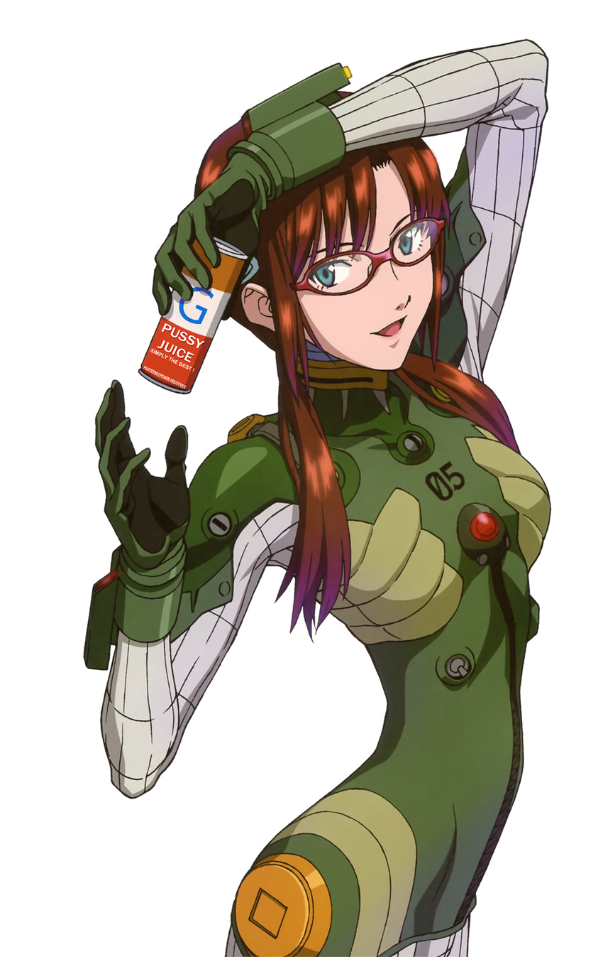 1girl absurdres aqua_eyes brown_hair comedy drink evangelion:_2.0_you_can_(not)_advance funny gelbooru gelbooru_exclusive glasses hairband highres image_manipulation looking_at_viewer makinami_mari_illustrious meta neon_genesis_evangelion photoshop plugsuit product_placement rebuild_of_evangelion sexually_suggestive simple_background smile soda_can solo transparent_background