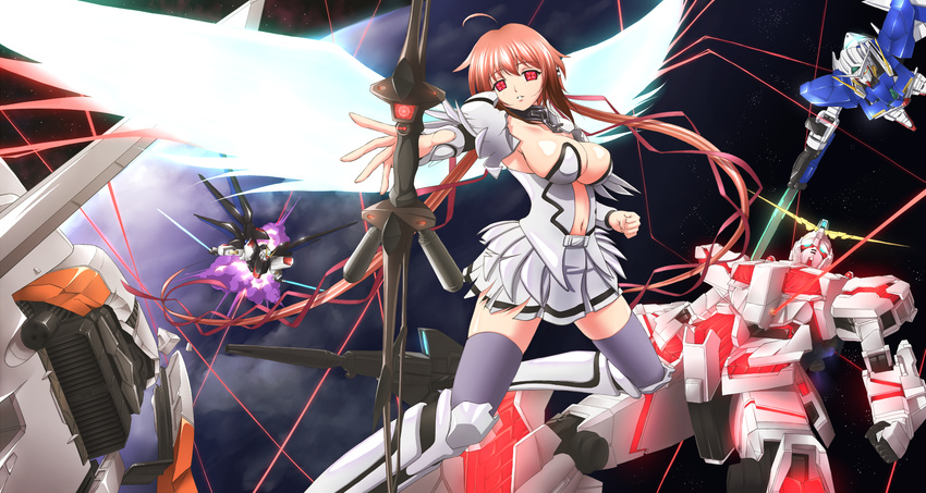 bad_id bad_pixiv_id banned_artist bow_(weapon) breasts chain cleavage collar crossover epic gundam gundam_00 gundam_exia gundam_seed gundam_unicorn highres ikaros medium_breasts navel nigiriushi nt-d ribbon sora_no_otoshimono space strike_freedom_gundam thighhighs twintails unicorn_gundam weapon wings zeta_gundam zeta_gundam_(mobile_suit)