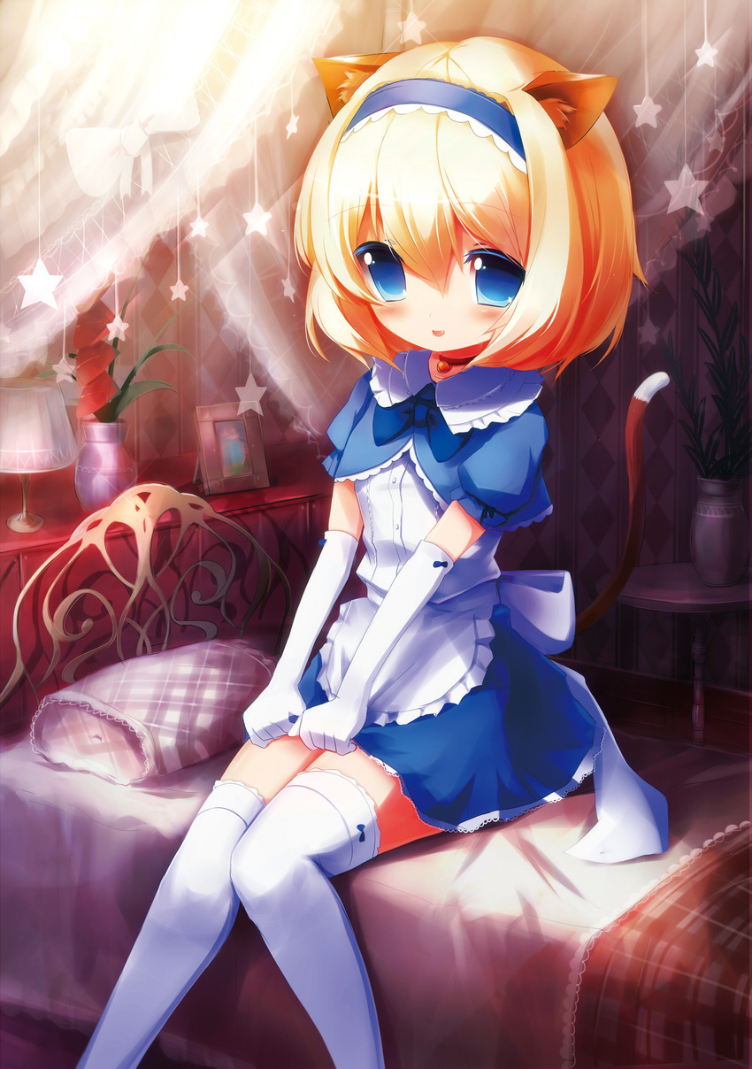 absurdres animal_ears apron bed blonde_hair blue_eyes blush bow bowtie capelet cat_ears cat_tail colored_eyelashes dress hairband highres original petticoat shy sitting smile solo taharu_kousuke tail thighhighs waist_apron white_legwear zettai_ryouiki