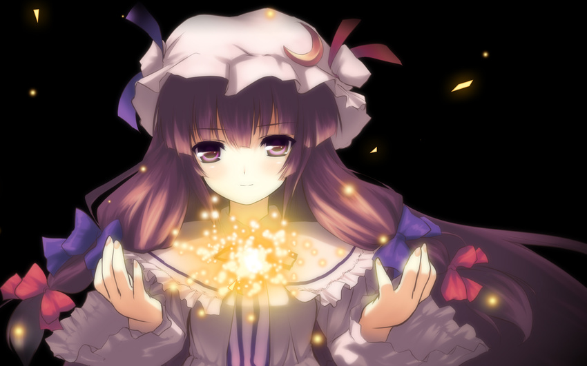 cropped glowing hat highres patchouli_knowledge purple_eyes purple_hair smile solo touhou usume_shirou wallpaper