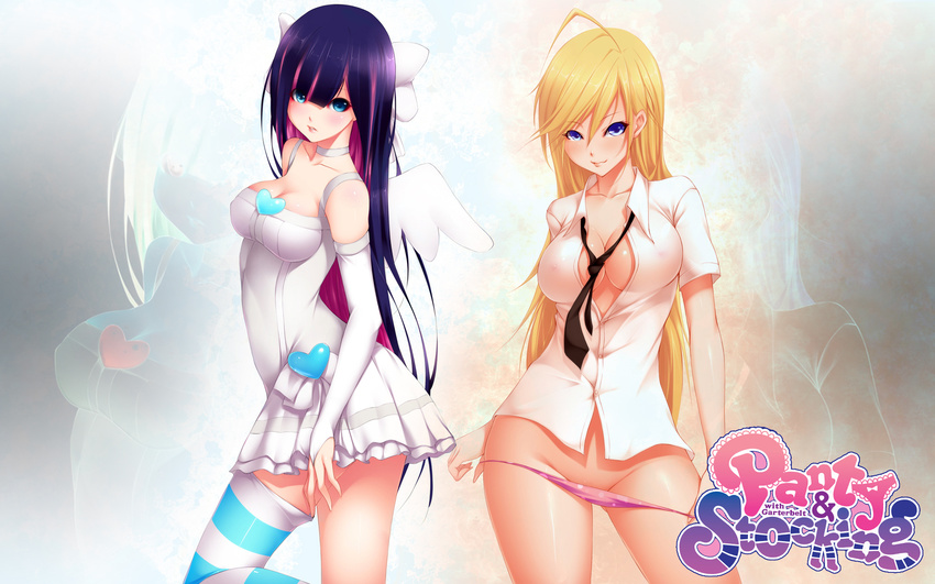 blonde_hair heart highres multiple_girls necktie panties panty_&amp;_stocking_with_garterbelt panty_(psg) purple_hair shokuyou_mogura stocking_(psg) thighhighs third-party_edit underwear wallpaper zoom_layer