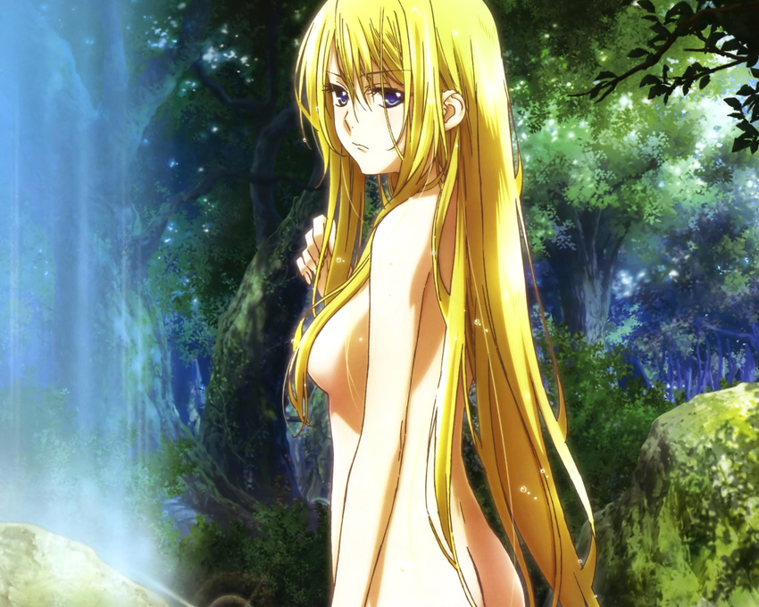 ass bathing blonde_hair blue_eyes breasts densetsu_no_yuusha_no_densetsu ferris_eris highres medium_breasts megami non-web_source nude shimazawa_noriko sideboob solo sword weapon