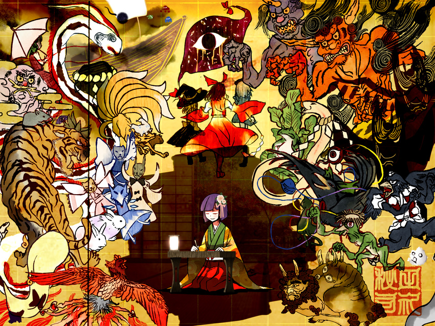 animalization bird blonde_hair blue_oni bow bug bunny butterfly chen chen_(cat) cirno desk detached_sleeves everyone eyes fine_art_parody fish flandre_scarlet flower frog fujiwara_no_mokou fujiwara_no_mokou_(phoenix) fusuma gap ghost hair_bow hair_flower hair_ornament hakurei_reimu hakutaku hat hieda_no_akyuu highres horn hoshiguma_yuugi houjuu_nue ibuki_suika inaba_tewi inaba_tewi_(bunny) insect izayoi_sakuya japanese_clothes kaenbyou_rin kaenbyou_rin_(cat) kamishirasawa_keine kappa karakasa_obake kawashiro_nitori kawashiro_nitori_(kappa) kazami_yuuka kedama keystone kimono kirisame_marisa komeiji_satori kuri_giepi long_skirt luna_child medicine_melancholy mishaguji monster mouse multiple_girls multiple_tails murasa_minamitsu nagae_iku nagae_iku_(fish) nazrin nazrin_(mouse) nihonga oarfish oni onozuka_komachi palanquin_ship parody phoenix plaid plaid_skirt plaid_vest red_oni reisen_udongein_inaba reisen_udongein_inaba_(bunny) reiuji_utsuho reiuji_utsuho_(bird) remilia_scarlet rope rumia saigyouji_yuyuko shameimaru_aya shameimaru_aya_(crow) shimenawa skirt skirt_set sliding_doors snake star_sapphire sunny_milk tail tatara_kogasa tengu tiger toramaru_shou toramaru_shou_(tiger) touhou ufo umbrella unzan vest witch_hat writing yakumo_ran yakumo_ran_(fox) yakumo_yukari youkai