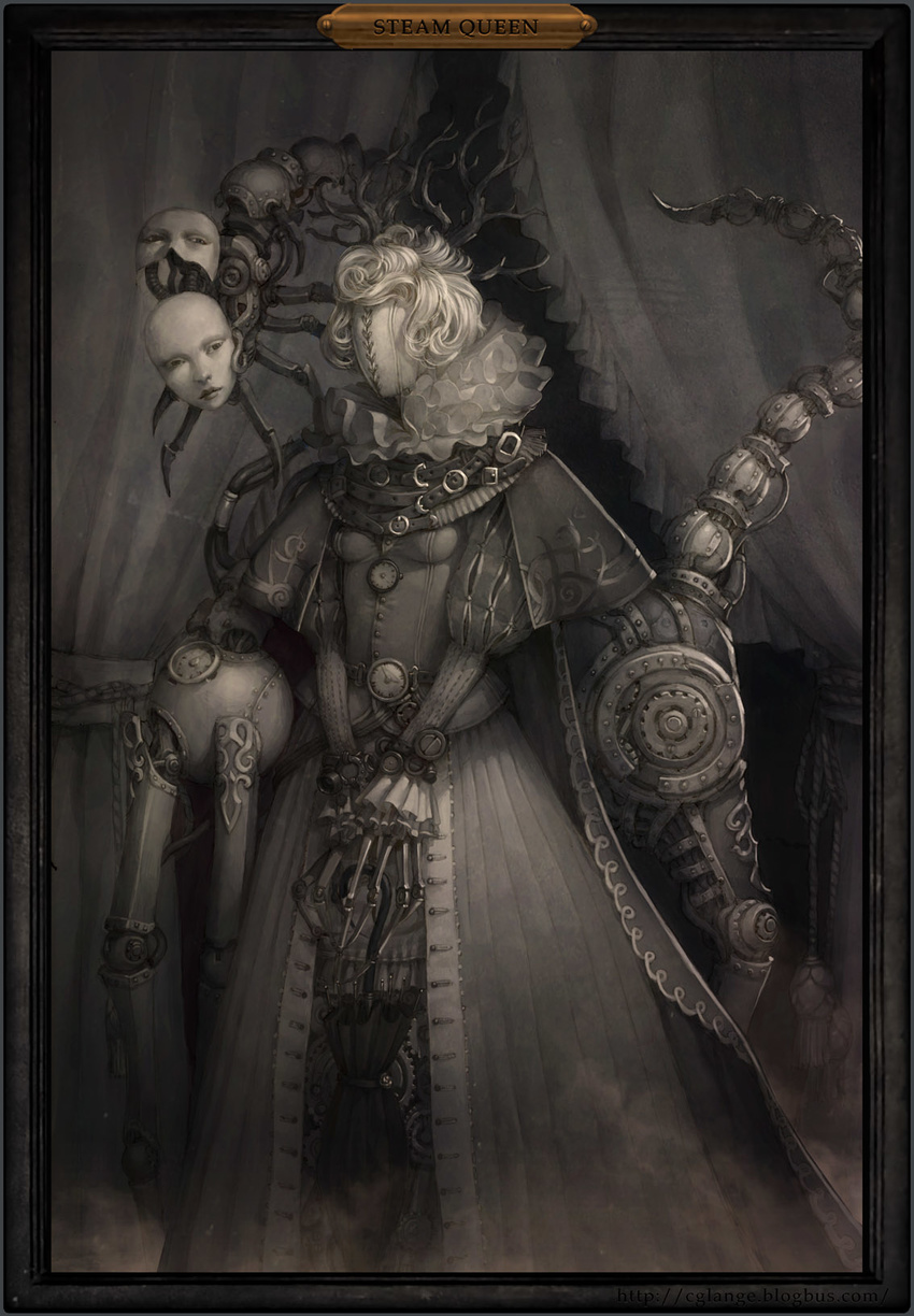 breasts cglange dress frame gears gown highres horror_(theme) mask monochrome neck_ruff original small_breasts solo steampunk umbrella