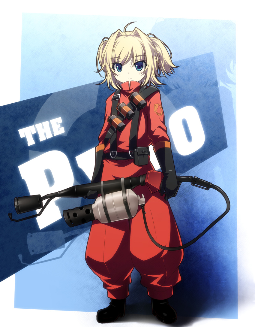 ahoge androgynous bad_id bad_pixiv_id bangs belt belt_pouch black_gloves blonde_hair blue_eyes blush bodysuit boots canister elbow_gloves explosive eyebrows_visible_through_hair eyes_visible_through_hair flamethrower flat_chest frown gloves grenade hair_intakes highres kazakura parted_bangs pouch reverse_trap shadow short_hair short_twintails solo standing suspenders team_fortress_2 the_pyro turtleneck twintails weapon