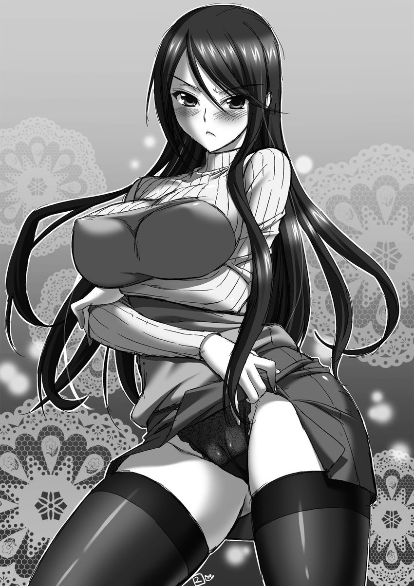 2q_(1016-29) angry black_legwear blush breast_hold breasts cameltoe crossed_arms durarara!! greyscale highres lace lace-trimmed_panties large_breasts legs long_hair looking_at_viewer miniskirt monochrome panties skirt skirt_lift solo thighhighs thighs turtleneck underwear yagiri_namie