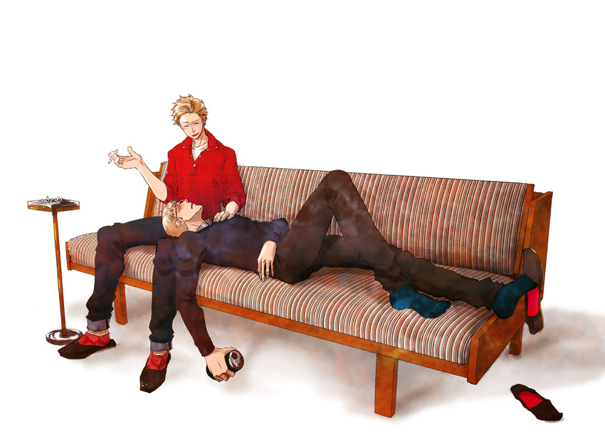 2boys ashtray axis_powers_hetalia beer_can blond_hair blonde_hair blush can cigarette couch denmark_(hetalia) drunk footwear glasses highres lying multiple_boys short_hair sleeping smoking socks sweden_(hetalia)