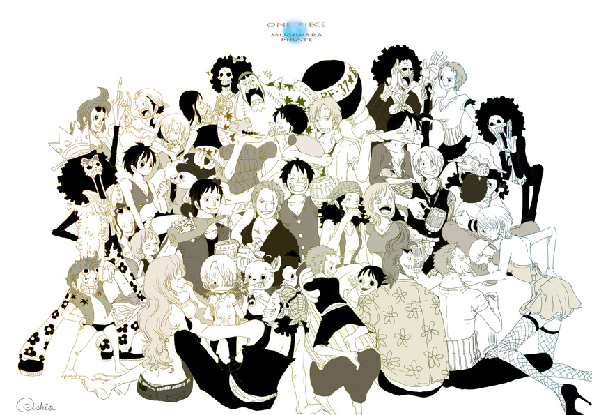 6+girls afro artist_request breasts brook cigarette cleavage cotton_candy crown cyborg earrings everyone eyewear_on_head flirting franky genderswap hat highres jewelry long_hair long_nose luffyko medium_breasts monkey_d_luffy monochrome multiple_boys multiple_girls multiple_persona nami_(one_piece) nico_robin one_piece roronoa_zoro sanji scar short_hair skeleton slingshot small_breasts smoking straw_hat sunglasses time_paradox tony_tony_chopper usopp younger