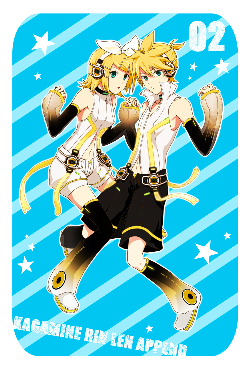 1girl aki_(migim) aqua_eyes arm_warmers bad_id bad_pixiv_id blonde_hair brother_and_sister character_name detached_sleeves hair_ornament hair_ribbon hairclip headphones highres kagamine_len kagamine_len_(append) kagamine_rin kagamine_rin_(append) navel ribbon short_hair shorts siblings twins vocaloid vocaloid_append