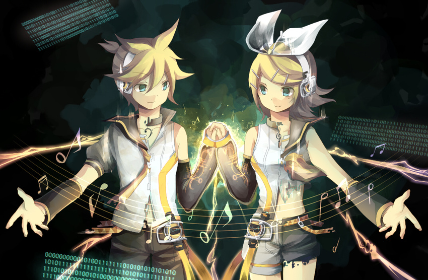 1girl aki-t aqua_eyes arm_warmers binary blonde_hair brother_and_sister dissolving_clothes hair_ornament hair_ribbon hairclip headphones kagamine_len kagamine_len_(append) kagamine_rin kagamine_rin_(append) musical_note ribbon short_hair shorts siblings smile twins vocaloid vocaloid_append