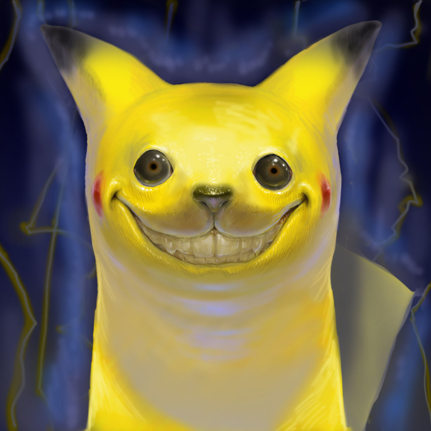 clenched_teeth ears electricity empty_eyes fangs gen_1_pokemon grey_eyes grin highres horror_(theme) looking_at_viewer no_humans parted_lips pikachu pokemon pokemon_(creature) smile snout sparks staring teeth teru_sakura wide-eyed