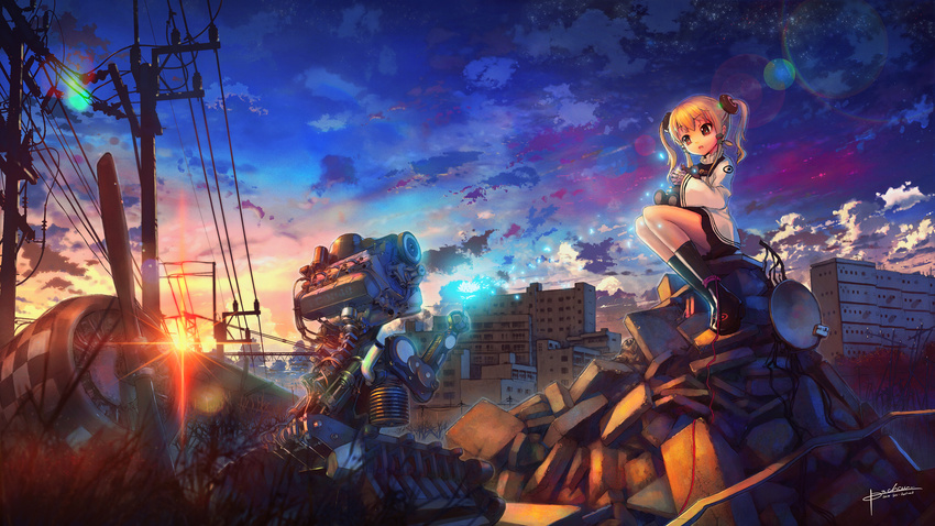 :o bad_id bad_pixiv_id blonde_hair city cloud flower from_ground glowing grass highres ize junk lens_flare original petals power_lines propeller red_string robot rubble satellite_dish scenery sitting sky solo string sunset twintails