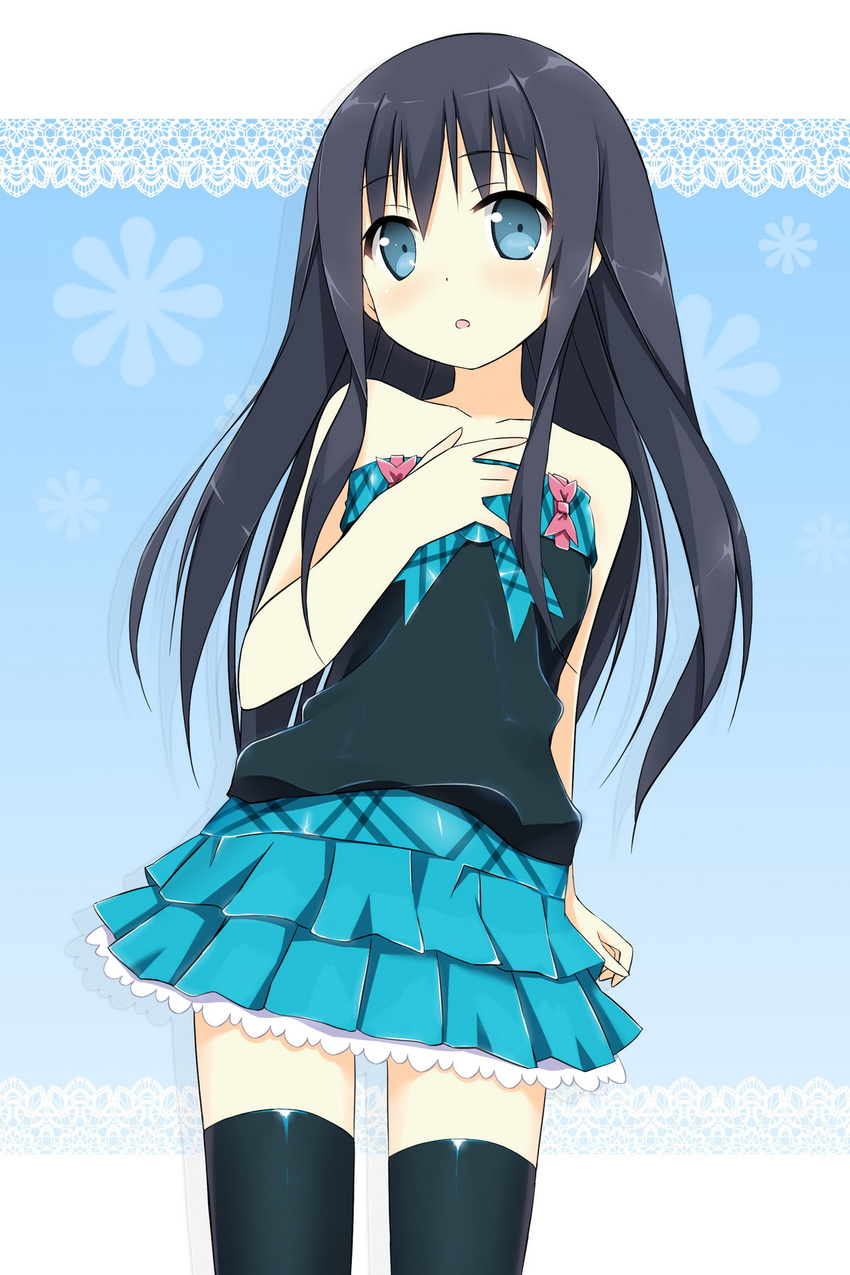 black_hair blue_eyes blush hand_on_own_chest highres kantoku_(style) long_hair open_mouth original skirt sky_(freedom) solo strapless thighhighs zettai_ryouiki