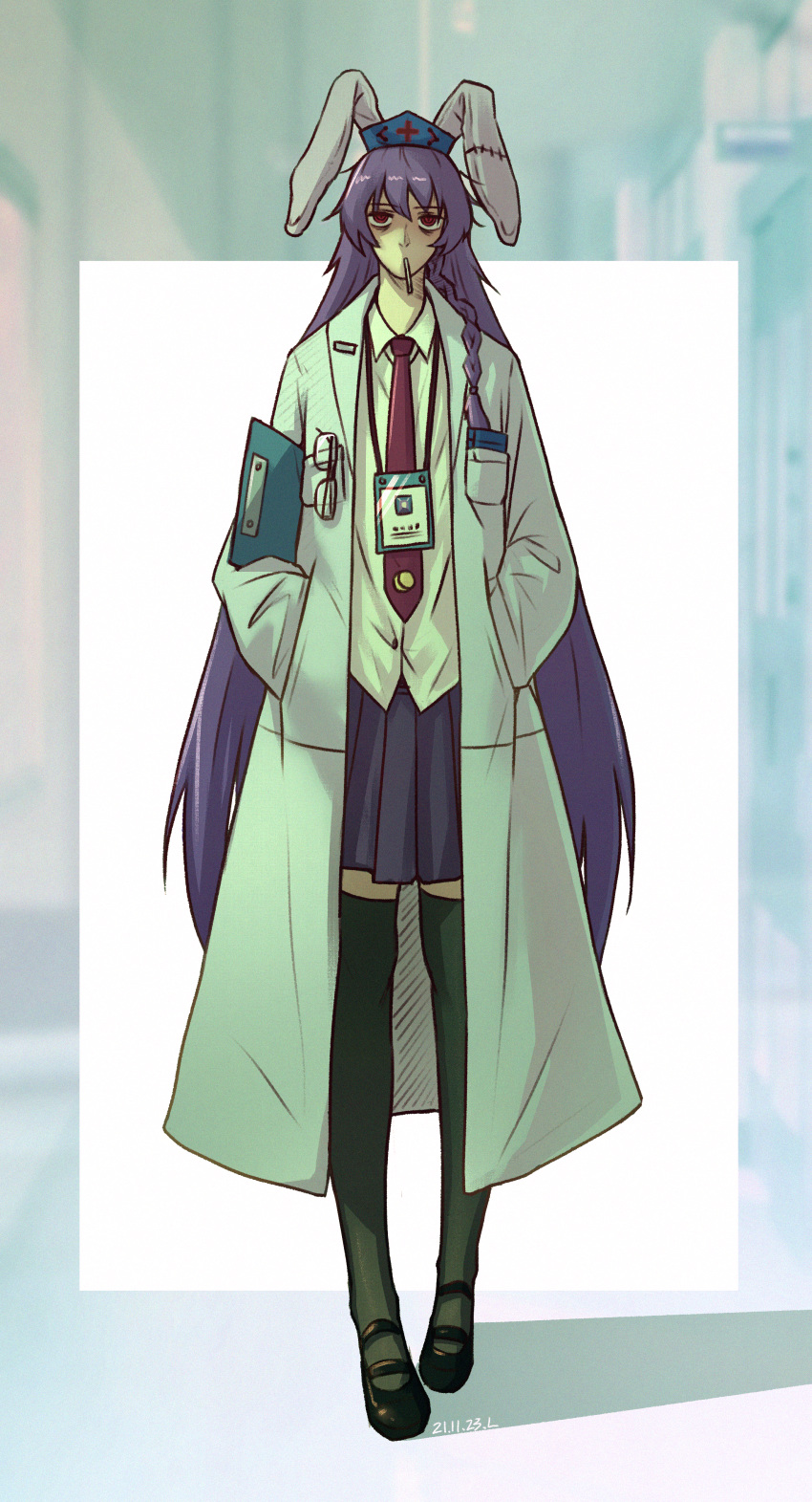 1girl absurdres bags_under_eyes bangs black_legwear blue_skirt braid buttons cigarette closed_mouth collared_shirt dated english_commentary expressionless eyewear_in_pocket full_body hands_in_pockets hat highres id_card labcoat long_hair long_sleeves looking_at_viewer mouth_hold necktie notepad nurse_cap pen_in_pocket pleated_skirt pocket purple_hair red_eyes red_necktie red_neckwear reisen_udongein_inaba ringed_eyes royl shadow shirt single_braid skirt solo standing thighhighs touhou white_shirt wing_collar