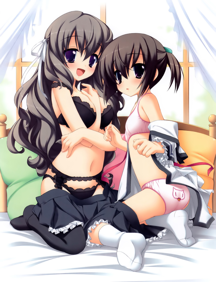 absurdres animal_print ass back-print_panties black_bra black_hair black_panties blush bra breasts brown_hair cat_panties cat_print flat_chest gotou_nao highres itou_mikoto koiiro_soramoyou large_breasts lingerie long_hair looking_back multiple_girls navel panties pink_bra pink_panties ponytail print_panties purple_eyes ribbon school_uniform short_hair thighhighs training_bra underwear underwear_only undressing utsumi_shizuna very_long_hair