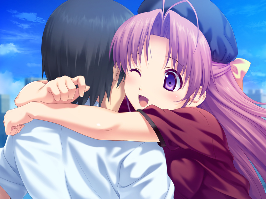 aoi_matsuri game_cg hug koutaro pink_hair purple_eyes tropical_kiss