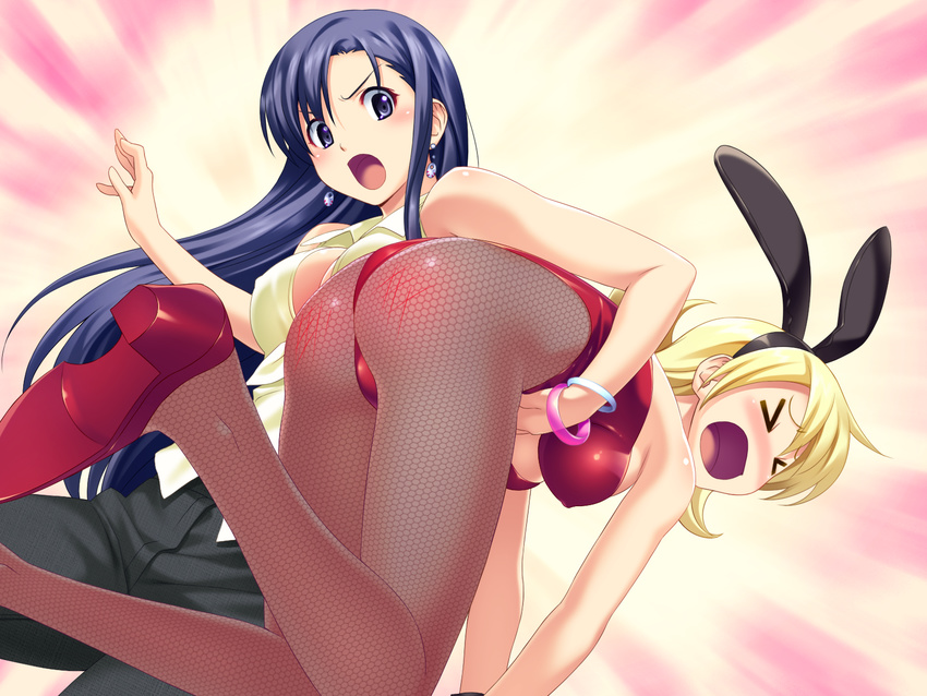 &gt;_&lt; 2girls animal_ears ass blonde_hair blue_hair blush bunny_ears bunny_girl bunnygirl bunnysuit earrings eyes_closed game_cg highres jewelry katakage_fuurin koutaro long_hair multiple_girls pantyhose purple_eyes purple_hair saotome_nagi spanked tropical_kiss