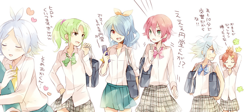 bad_id bad_pixiv_id bag blue_hair cellphone fubuki_shirou genderswap genderswap_(mtf) green_hair hair_over_one_eye inazuma_eleven inazuma_eleven_(series) kazemaru_ichirouta kiyama_hiroto midorikawa_ryuuji multiple_girls nagumo_haruya phone ponytail red_hair school_uniform suzuno_fuusuke tayako white_hair