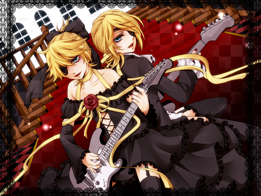 1girl artist_request blonde_hair blue_eyes brother_and_sister dress eyepatch flower guitar imitation_black_(vocaloid) instrument kagamine_len kagamine_rin nail_polish otoko_no_ko red_nails siblings thighhighs twins vocaloid