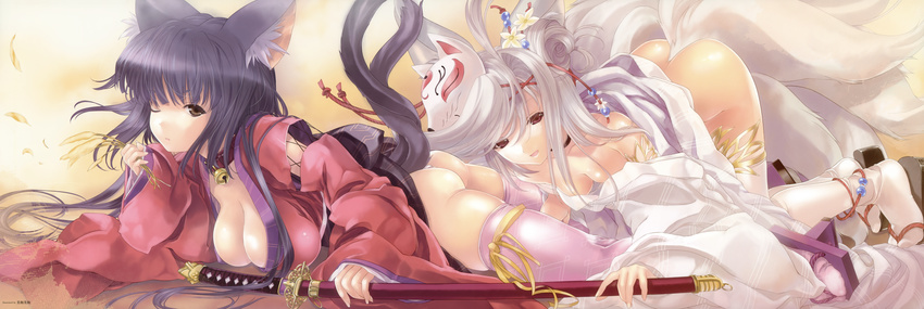 2girls absurdres animal_ears anklet ass bell bell_collar breasts brown_hair cat_ears cat_tail cleavage collar copyright_request dualscreen geta highres japanese_clothes jewelry large_breasts long_image lying mask miwa_yoshikazu multiple_girls multiple_tails purple_hair red_eyes sandals sword tabi tail thighhighs weapon white_hair wide_image