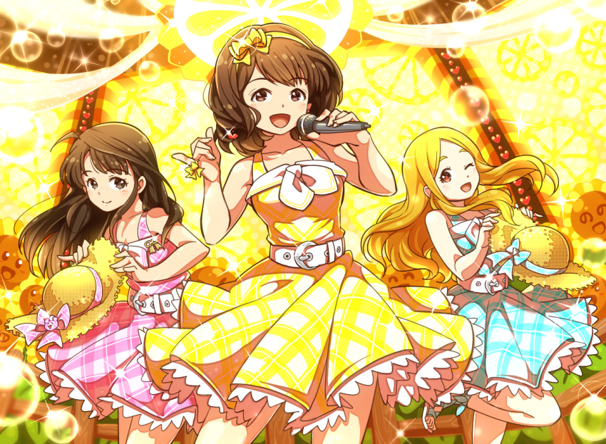 3girls :d aopanda blonde_hair brown_eyes brown_hair dress flower freckles grey_eyes hat idolmaster idolmaster_cinderella_girls looking_at_viewer mochizuki_hijiri multiple_girls nagatomi_hasumi okuyama_saori one_eye_closed open_mouth smile sunflower