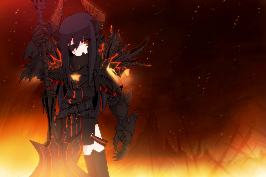 armor auer bad_id bad_pixiv_id black_hair deathwing eyepatch genderswap genderswap_(mtf) highres horns mace personification scar solo warcraft weapon world_of_warcraft yellow_eyes